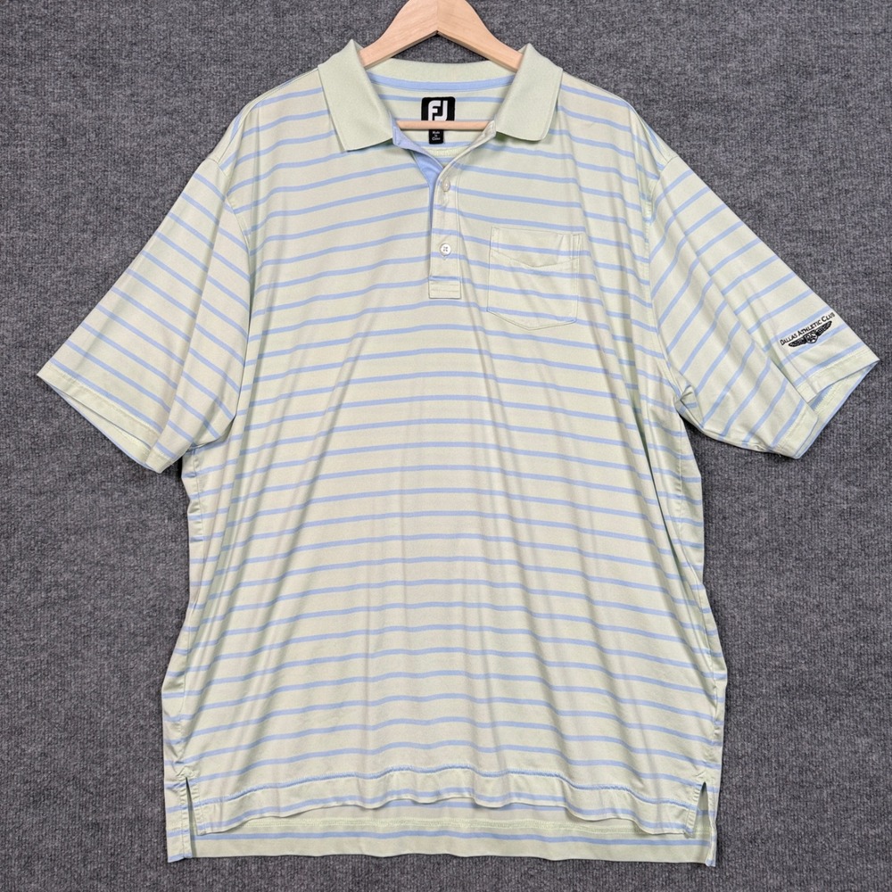 FJ Footjoy Mens Size 2XL Polo Shirt Cream Blue Striped Golf Dallas Athletic Club